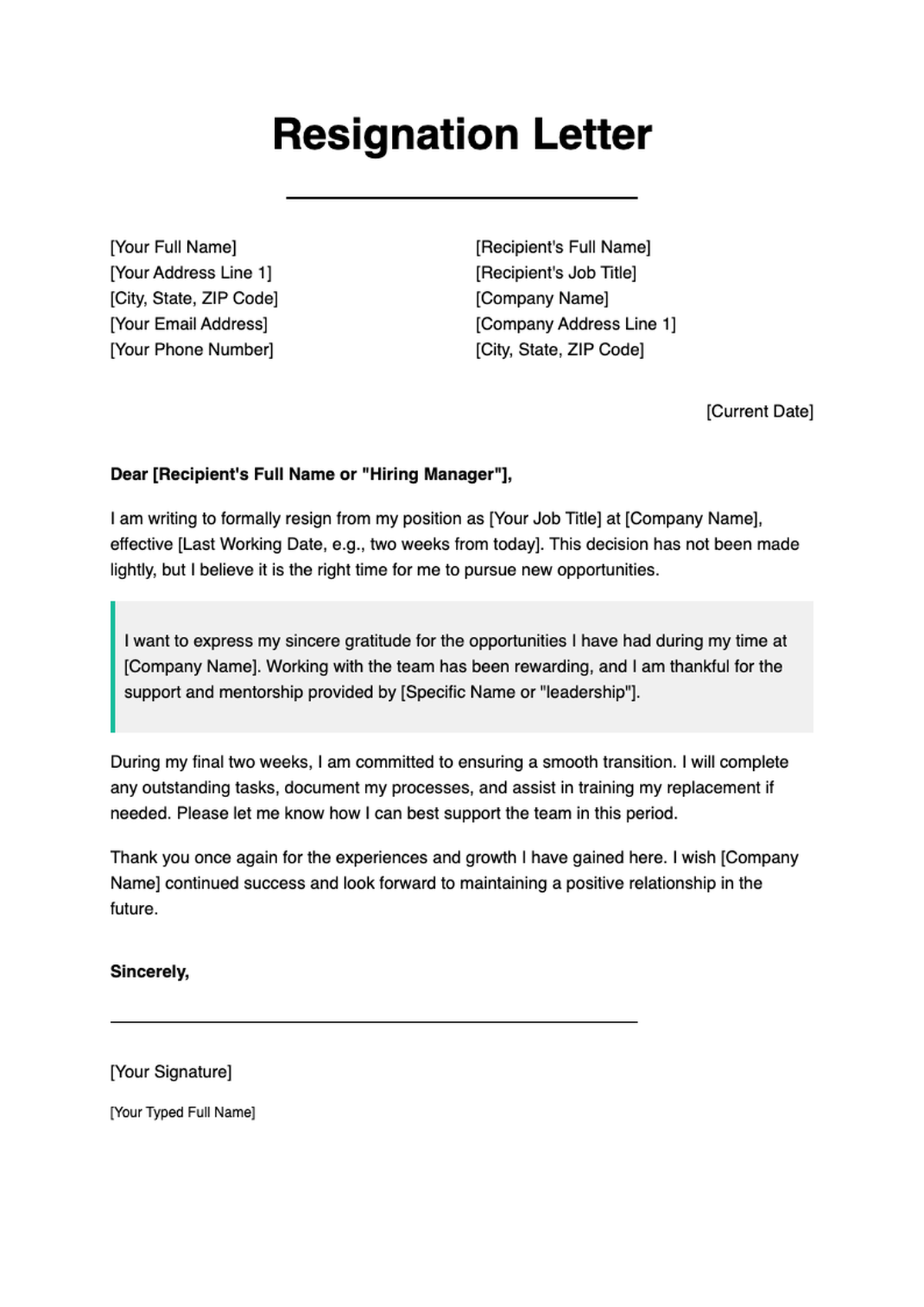 Formal resignation letter template with placeholder fields_variant_3